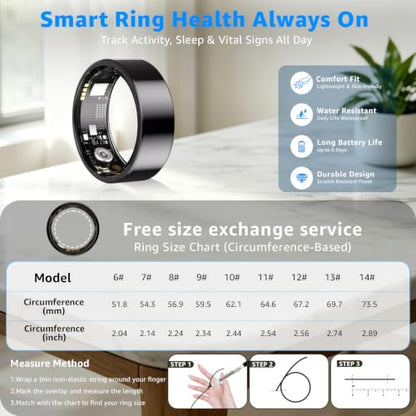 Smart Ring No Subscription, Health Tracker Ring for Women (Black, 10#) | Tracker Sleep, Blood Oxygen, Heart Rate, SpO2, HRV Stress, Step Counter, IP68 Waterproof, Compatible with iOS & Android - color: Black, size: 10#