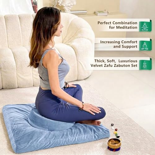 Hihealer Meditation Cushion, Traditional Tibetan Meditation Pillow Velvet Cover - Large Floor Cushion Seating for Adults - Yoga Buckwheat Bolster for Women、Moms | Buckwheat Yoga Bolster, Large Floor Cushion & Pillow for Adults, Zafu Zabuton Set, Zen Medit