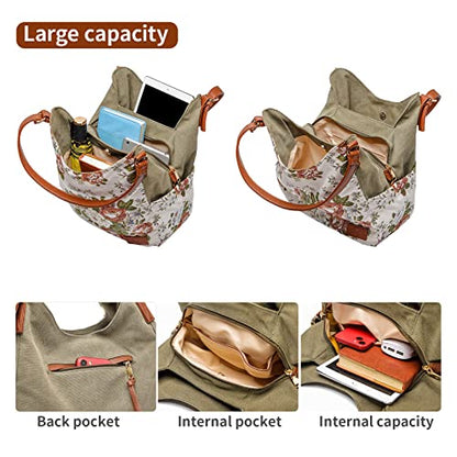 Worldlyda Women Canvas Hobo Purse Multi Pocket Tote Shopper Shoulder Bag Casual Top Handle handbag with Embroidery Ethnic - color: Be06army Green Flower