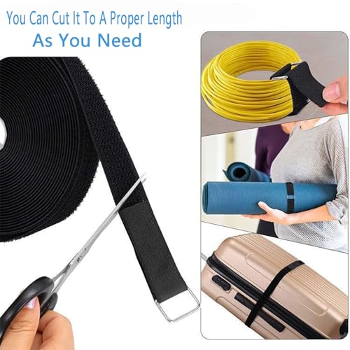 16Ft x 1In Adjustable Cable Straps with 25 Metal Buckles, Black Reusable Fastening Cable Ties, Wire Management, Free Cut Length, Hook and Loop Securing Strap for Cable Tidy (16Ft x 1In)