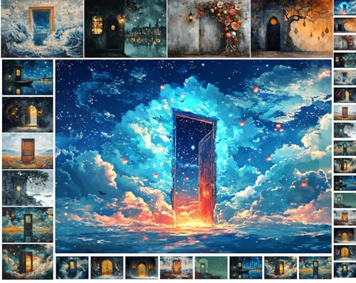 Decoupage Paper Pack (35 Sheets 6"x8") Enchanted Doorways Journey ~ Mystical, Lantern-lit Doors in Fantastical Locations—Forests, Clouds, Ruins—evoking Portals to Imaginary Realms in Storybook Style - color: Ten