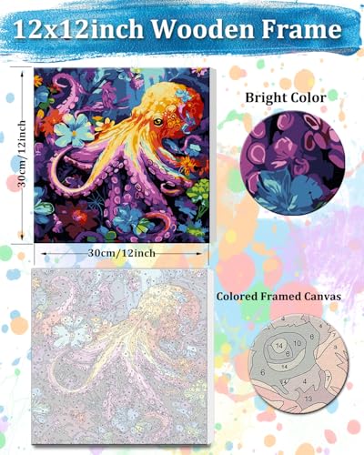 TOCARE Framed Paint by Numbers Kit for Adults Beginners & Kids Ages 8-12,12x12inch Octopus Paint by Number with Frame, Seascape Paint by Numbers Framed Canvas for Amimal Lover(Without Easel) - color: TC-F-293