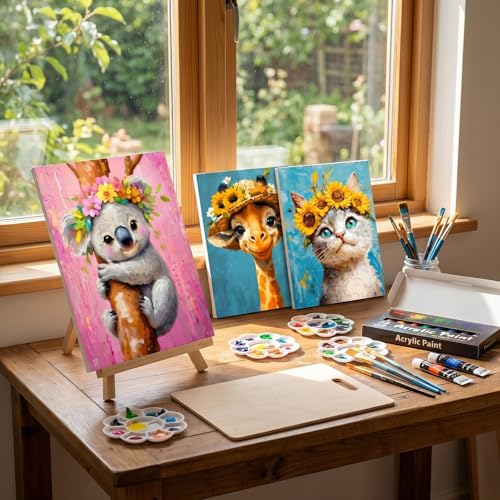 Ctosree 72 Pcs Flower Animal Paint and Sip Kit for Adults 8'' x 10'' Pre Drawn Canvas for Painting DIY Pre Printed Canvas for Party Favor Acrylic Painting Kit Wood Easel Brushes Date Night Bulk - style: Flower Animal