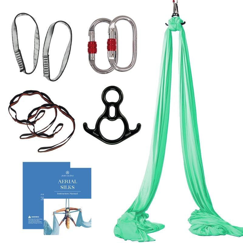 Aerial Silks Starter Kit, 9 Yards, Aerial Yoga Hammock, Hardware | Knitted fabric with pose guide, for aerial yoga, gymnastics, silk swing, stretching and home gym use, suitable for all levels - color: Aqua