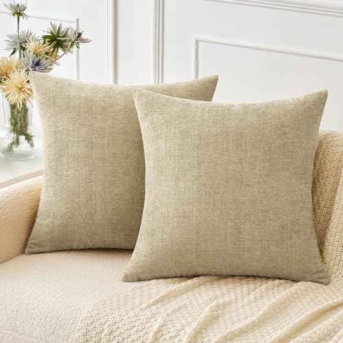 MIULEE Soft Chenille Throw Pillow Covers Beige 16x16 Inch Pack of 2 | Modern Home Decor, Classic Decorative Pillows, Solid Dyed Cases, Boho Couch Cushion Covers for Sofa Bed Living Room - color: Beige, size: 16" x 16" (Pack of 2)