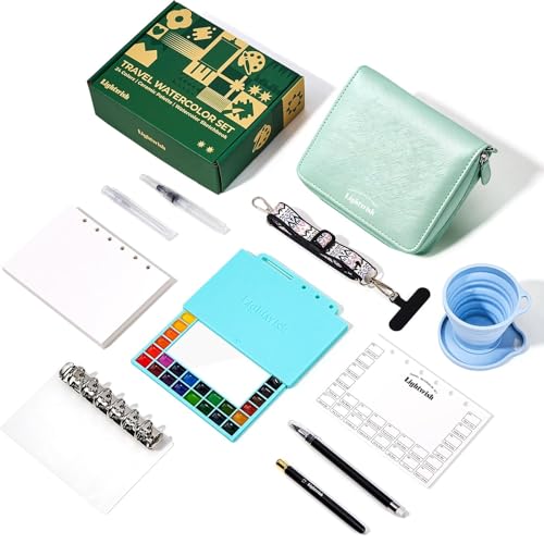 LIGHTWISH Travel Watercolor Set - 24 Colors Compact Art Kit with Refillable 100% Cotton Paper, Ceramic Palette, Watercolor Brush & Spray Bottle, Portable Painting Supplies for Artists & Beginners - color: Blue