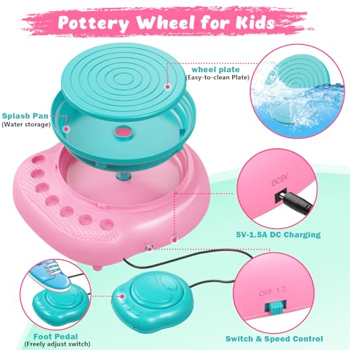 Pottery Wheel for Kids with Air Dry Clay Kit, 12 Paints & Tools, Ages 6-12 | No kiln needed: shape on the electric wheel, air-dry & paint. Gentle beginner speed; kit adds 3 clay packs, tools & apron - color: pink/cyan