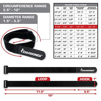 Velour Cinch Straps 1" x 15" - 10 Pack, Soft Touch Microfiber Reusable Hook and Loop - Plus 2 Free Bonus Reusable Cable Ties - size: 1" x 15"