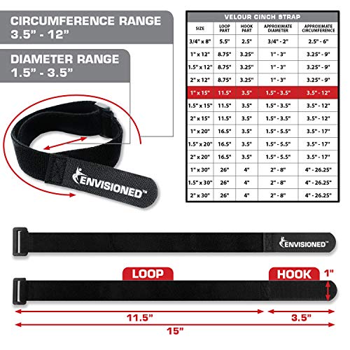 Velour Cinch Straps 1" x 15" - 10 Pack, Soft Touch Microfiber Reusable Hook and Loop - Plus 2 Free Bonus Reusable Cable Ties - size: 1" x 15"