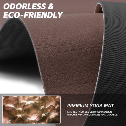 PAIDU Extra Long Wide Yoga Mat, （10mm） Thick Non-Slip Exercise Mat 76"x33" | large mat, ideal for yoga, Pilates & home gym, with non-slip grip & cushioning for all exercises. - color: Dark brown + Black