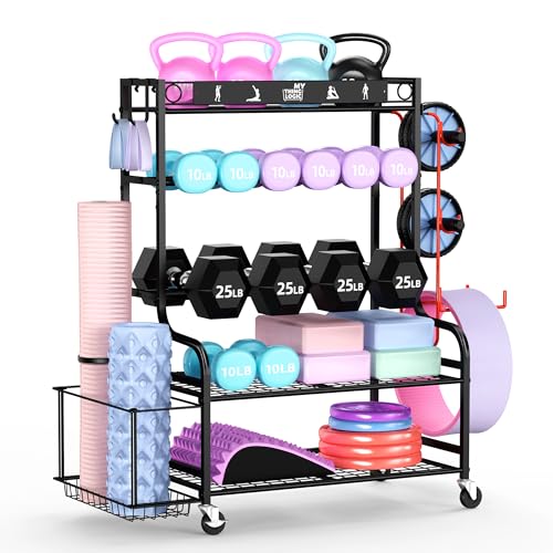 Mythinglogic Home Gym Storage Rack with Wheels for Dumbbells and Yoga Mats - color: New Black