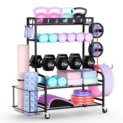 Mythinglogic Home Gym Storage Rack with Wheels for Dumbbells and Yoga Mats - color: New Black