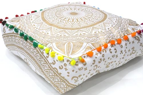 INDIAN CRAFT CASTLE ICC Mandala Barmeri Large Floor Pillow Cover Cushion Meditation Seating Ottoman Throw Cover Hippie Decorative Zipped Bohemian Pouf Ottoman Cases White Gold Matellic 16" Square