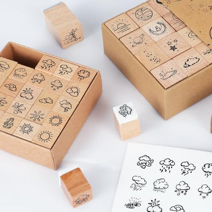 41 Pieces Wooden Rubber Stamp Set, Moon Star Various Weather Patterns Wood Stamps for Journal, Diary, Scrapbook, Planner, Letter, DIY Craft, Card Making(2pcs Weather and Galaxies) - color: 2pcs Weather and Galaxies