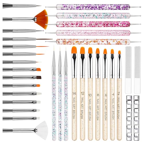MYR 34Pcs Nail Art Brushes Set includes a Complete Set of Nail Art Tools | Nail Design Brushes, Nail Dotting Tool, Nail Drawing Pens, Nail Brush Brackets, Nail Nano Polishing Rubs, etc
