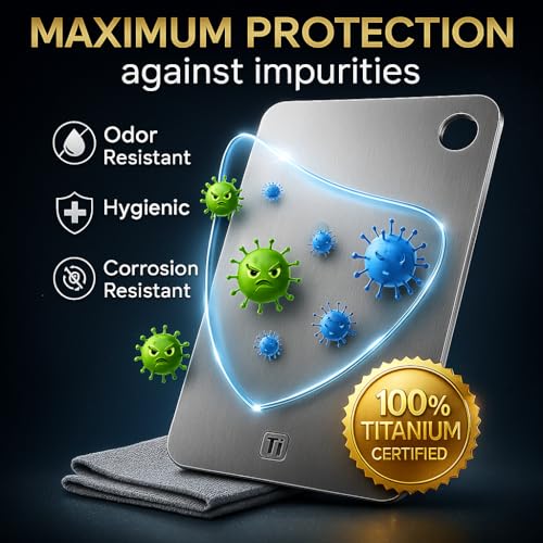 "Titanium Cutting Board for Kitchen – 100% Pure Titanium, Double-Sided Reversible, Non-Porous, Dishwasher Safe, Odor Resistant, Includes Cut-Resistant Gloves & Cleaning Cloth(Medium)"