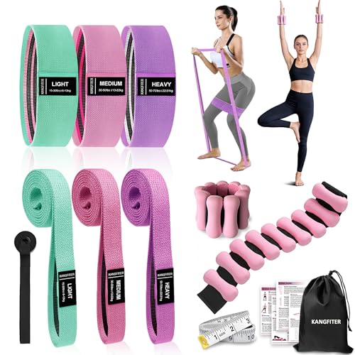KANGFITER Long and Short 6 Fabric Resistance Bands Set with Door Anchor | Non-Slip Stretch Booty Bands for Working Out Women & Men, Loop Exercise Elastic Bands for Home Physical Therapy Yoga Pilates - color: Pink 10 Pcs