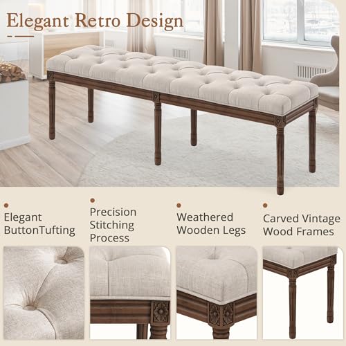 LUE BONA 60" Fabric End of Bed Bench, Upholstered Tufted French Bedroom Bench with Carved Dark Brown Legs for Bedroom End of King Size Bed, Living Room, Linen - color: Linen and Dark Brown, size: 60''