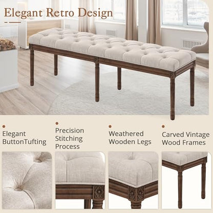 LUE BONA 60" Fabric End of Bed Bench, Upholstered Tufted French Bedroom Bench with Carved Dark Brown Legs for Bedroom End of King Size Bed, Living Room, Linen - color: Linen and Dark Brown, size: 60''