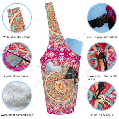 Mandala Yoga Mat Bag with Large Waterproof Zipper Pocket and Drawstring Pocket Long Tote Yoga Mat Carrier Holder Bags Fit Most Size Mats - color: Pink