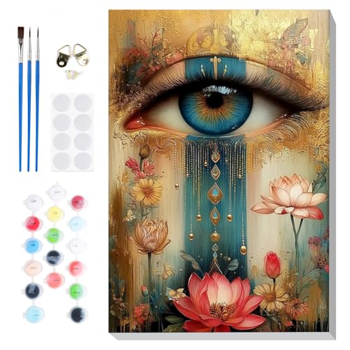 Bowetile Framed Paint by Numbers Eye Kit for Adults Beginners, Adults' Paint-by-Number Kits on Canvas, Painting by Numbers Lotus, Acrylic Vintage Number Painting for Home Wall Decor, 8x12in - color: Eye and Lotus