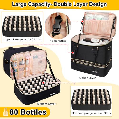Covkev Nail Polish Organizer Hold 80 Bottles (15ml/0.5 fl.oz)& Nail Lamp, Double Layer Nail Bag Organizer Case with Handle, Large Nail Supplies& Kit Storage Case for Women Travel (Black& Golden)