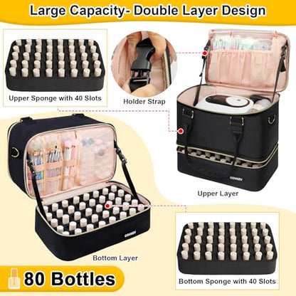 Covkev Nail Polish Organizer Hold 80 Bottles (15ml/0.5 fl.oz)& Nail Lamp, Double Layer Nail Bag Organizer Case with Handle, Large Nail Supplies& Kit Storage Case for Women Travel (Black& Golden)