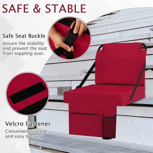 2pcs Stadium Seat for Bleachers with Back Support，Portable Bleacher Chairs with Back and Cushion，Includes Shoulder Strap and Cup Holder - color: Maroon,2 Pack