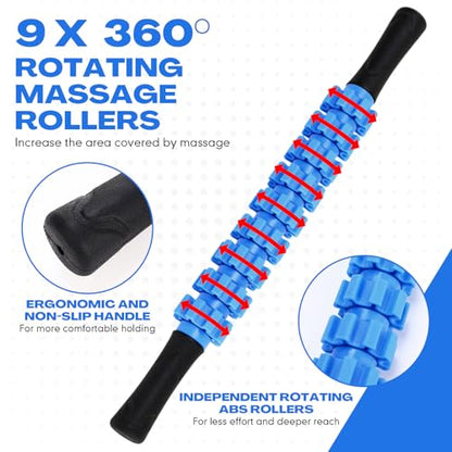 Hiboom 12 Pack Muscle Roller Stick with 9 Independent Rollers Massage Stick Anti-Slip Grip for Yoga Fitness Recovery Lymphatic Drainage Leg Back Pain Relief Athletes Runners Physical Therapy(Blue)