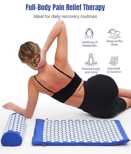 ROMIX Acupressure Mat and Pillow Set, Acupuncture Mat for Back Pain, Neck, Shoulder Pain Relief, Stress Reduction, Wellness Therapy, Cushioned Acupressure Mats with Carry Bag for Men and Women - color: Blue
