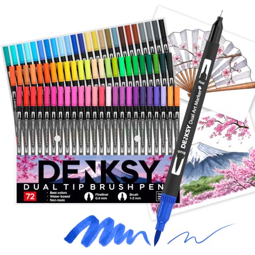 72 Watercolor Markers Set | Water Color Pens with Brush & Fineliner, Water-Based Art Markers | Dual Tip Markers for Adult Coloring, Lettering, Calligraphy, Sketching, Journaling & Illustration - color: Black