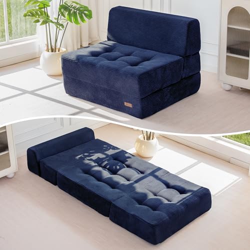 MAXYOYO Folding Sofa Bed, 8-Inch Fold-Out Chair Bed, Single | 2-in-1 Convertible Floor Sofa Couch, High-Density Foam Tufted Lounge Couch for Living Room Bedroom Dorm, Navy - color: Navy, size: Single