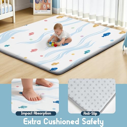 Baby Play Mat for Floor, 1.3-Inch Thickened Foam Soft Padded Coral Velvet Playmat for Tummy Time, 50x50 Water-Repellent Non-Slip Playpen Mat for Toddlers Infant Kids, Cute Little Fish Print - color: White-fish, size: 50" X 50"