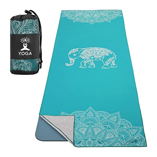 MoKo Yoga Towel for Hot Yoga Mat, Non-Slip Quick-Dry, 74.4 x 27.4 in | The yoga mat towel has corner pockets for a stable fit and folds into the included drawstring bag; yoga mat not included - color: Lake Blue