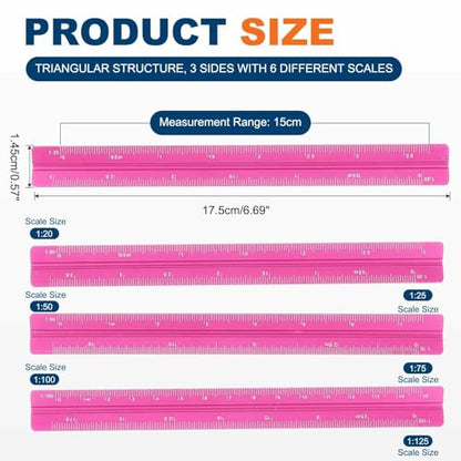 HARFINGTON 2 Pcs Architectural Scale Ruler, 7 Inch Metric Aluminum Alloy Architect Triangular Small Scale Laser-Etched Blueprint Drafting Ruler for Architects Engineers, Rose Red - color: Rose Red, size: 7 Inch