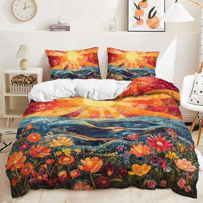AILONEN Colorful Flower Duvet Cover Set Queen Size, Boho Sun and Ocean Bedding Set,Abstract Printed Soft Quilt Cover Cover + 2 Pillowcases,3 Pieces - color: S11, size: Queen