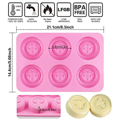 Sakolla 2 Pack Silicone Soap Molds, 6 Cavity Round Honeybee Silicone Molds for Homemade Soaps, Lotion Bar, Jello, Bath Bomb, Beeswax, Resin, Chocolate and Dessert (Pink) - color: Round Bee/Pink