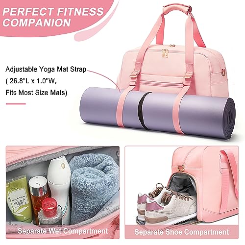 Sports Gym Bag for Women, Travel Duffle Bag with Shoe Compartment & Wet Pocket, Fitness Yoga Bag - color: Pink