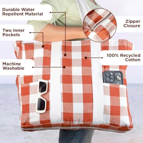 Folkulture Beach Tote Bags For Women, Beach Must Haves 2026-18x15 Inch | Waterproof,Sandproof, Large Tote Bags for Women, Swimming Pool, Beach Essentials, Simple Modern Pool Bag, Bolsos Para Mujeres - color: Rust - Checkered