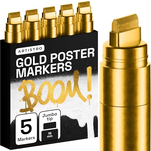 ARTISTRO Gold Paint Pens - Jumbo Tips - Set of 5 | Acrylic Paint Markers, Water-Based, For Rock, Glass, Ceramic, Wood, Tire, Fabric, Metal, Canvas, Marking, Painting - color: Gold, style: Jumbo Tip