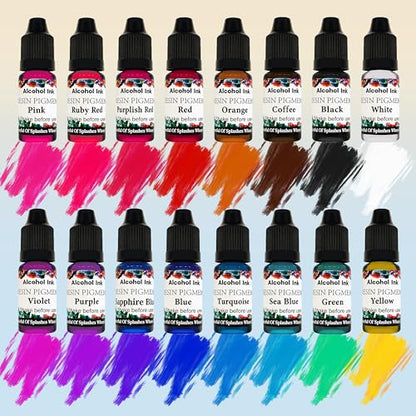 Alcohol Ink Set - 16 Colors Vibrant Colors High Concentrated Alcohol-Based Ink, Concentrated Epoxy Resin Paint Colour Dye Great for Resin Petri Dish, Coaster, Painting -10ml Each