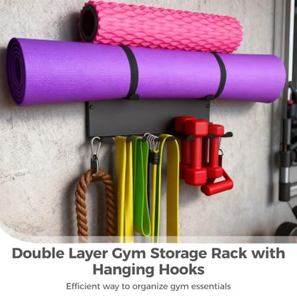 Double Layer Gym Storage Rack with Hanging Hooks, Wall Mount Metal Fitness Equipment Storage Rack, Home Gym Organizer for Exercise Bands, Yoga mat, Jump Ropes, Weight Belts, Straps