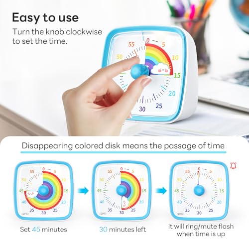 Yunbaoit Visual Timer with Night Light, 60-Minute Rainbow Countdown Timer for Kids and Adults, Time Management Tool for Home, School, Kitchen, or Office (Blue) - color: Blue-rainbow