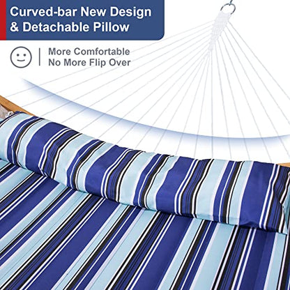 Patio Hammock with 12FT Stand, Heavy Duty Hammock Blue Stripes | Freestanding Hammock with Curved Spreader Bars, Pillow, Safety Ropes and Portable Carring Bag, Outdoor Hammock, Max 450 Lbs - color: A-blue Stripes