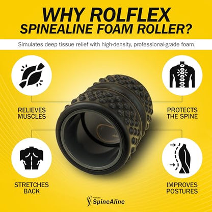 Rolflex SpineAline Foam Roller – Ergonomic Deep Tissue Spine Alignment Tool | Spine, Neck, Leg and Back Stretcher – Lightweight, Durable & Portable Muscle Rollers – Supports Up to 300 lbs – Black