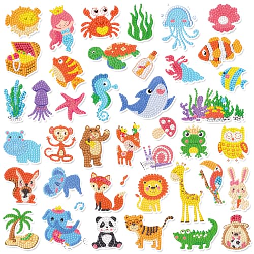 Labeol Diamond Art Kits for Kids Boys and Girls Ages 6-8-10-12 Easy to DIY Creative Diamond Art Sticker Craft by Numbers Kits for Kids and Adult Beginners (Jungle Animals) - style: Jungle Animals