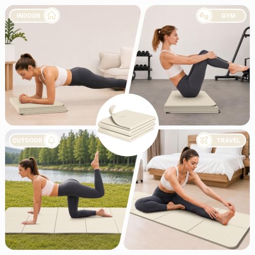Readaeer Foldable Yoga Mat for Travel Folding Yoga Mat 6mm Thick with Carrying Bag, Non-Slip TPE Exercise Pilates Mat for 72" L x 24" W x 0.24 Inch - color: Beige