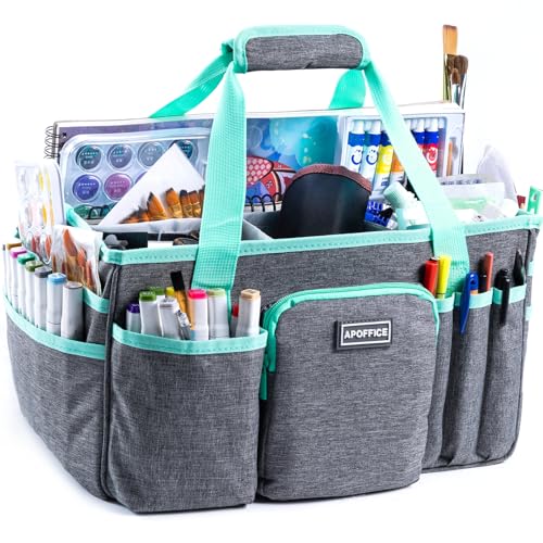 Art Supply Organizer Tote Bag – Craft Caddy with Handle, Utility Storage Tote with Multiple Pockets & Adjustable Divider for Stationary, Sewing, Scrapbooking, School, Office, Medical Supplies - color: Grey-Teal, size: Large-14.5"