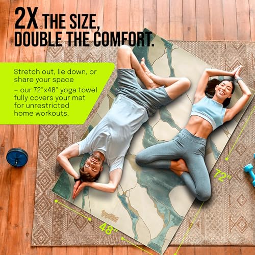 gogoKIWI Hot Yoga Mat Towel for 6 x 4 ft Mats, Nami Teal & Ivory - color: Nami Teal & Ivory