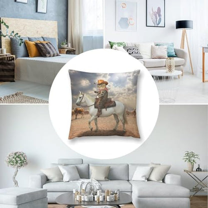 Funny Cat Cowboy Cat Riding Horse Throw Pillow Covers 18x18 Inch - color: Funny Cat Cowboy Cat Riding Horse